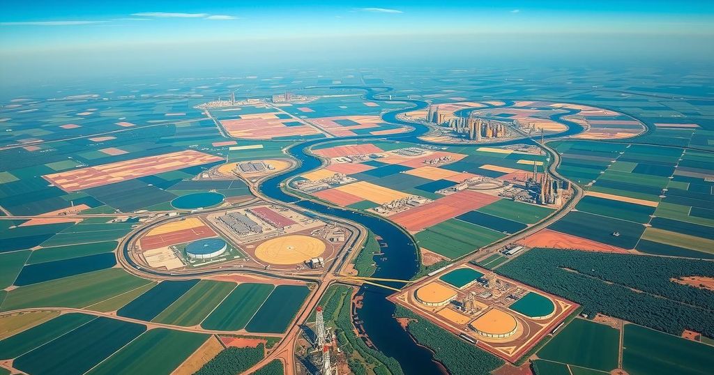 Aerial view of Angola's Kwanza basin showcasing oil fields and lush landscape with blue sky.