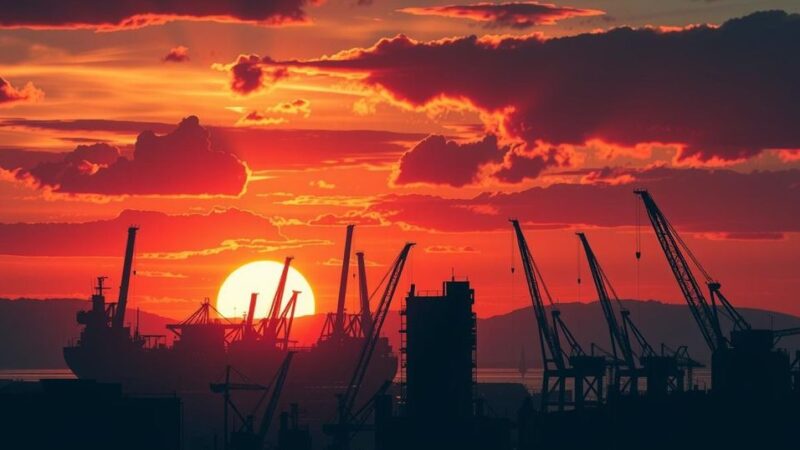 Dramatic sunset over a port city, with silhouettes of cranes and ships, conveying a sense of tension and resilience.