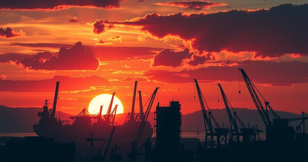 Dramatic sunset over a port city, with silhouettes of cranes and ships, conveying a sense of tension and resilience.