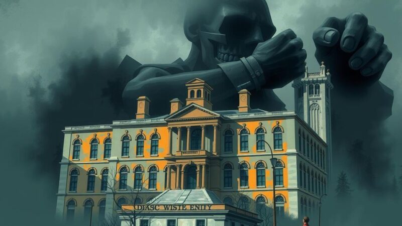 An abstract representation of academic conflict with a university building shadowed by imposing structures, in muted colors.