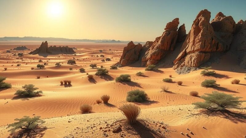 A scenic view of uranium mining sites in Namibia, showing rocky terrain and desert landscape under a clear sky.