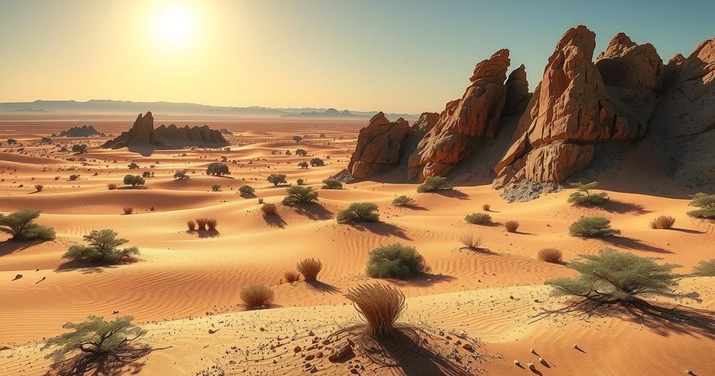 A scenic view of uranium mining sites in Namibia, showing rocky terrain and desert landscape under a clear sky.