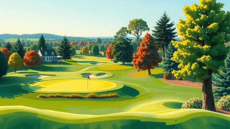 A serene golf course landscape with lush green fairways and vibrant trees, capturing the excitement of a golf tournament.