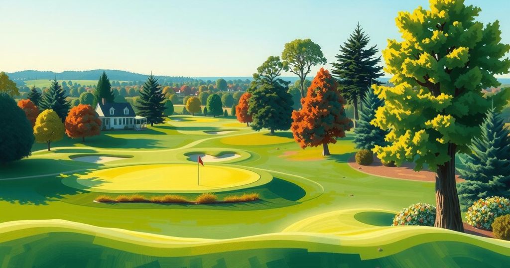 A serene golf course landscape with lush green fairways and vibrant trees, capturing the excitement of a golf tournament.