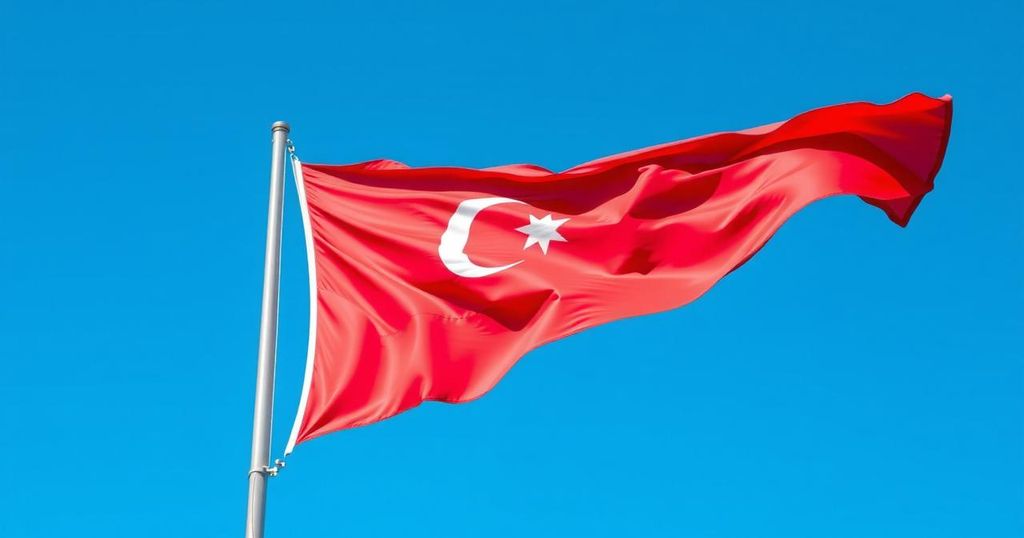 Azerbaijani flag waving against a clear blue sky, symbolizing diplomacy and international relations.