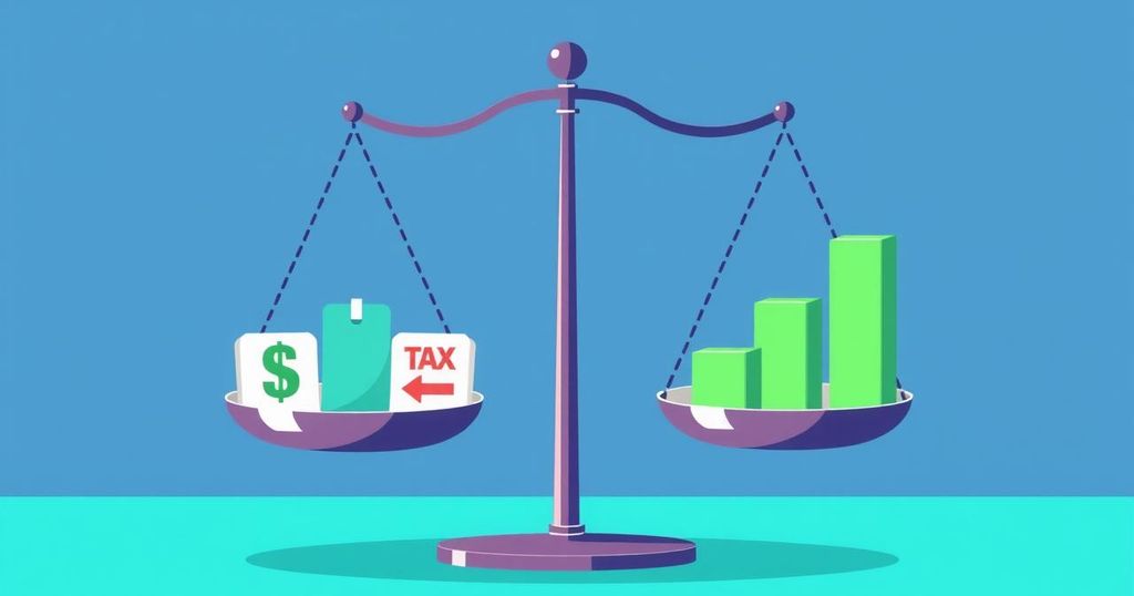 Illustration depicting a balanced scale with symbols of income and tax exemptions in a vibrant, modern style.