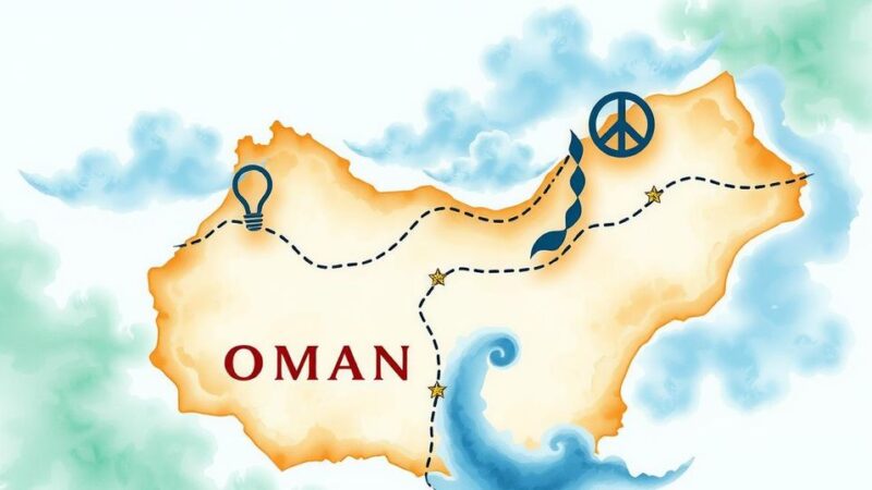 A map of Oman highlighting its strategic location with symbols for diplomacy, peace, and international talks.