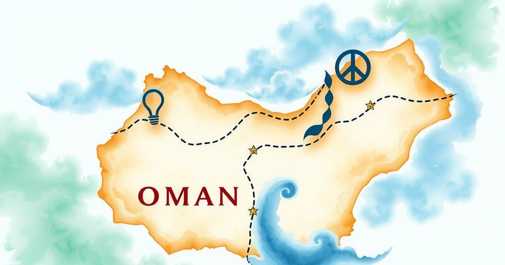 A map of Oman highlighting its strategic location with symbols for diplomacy, peace, and international talks.