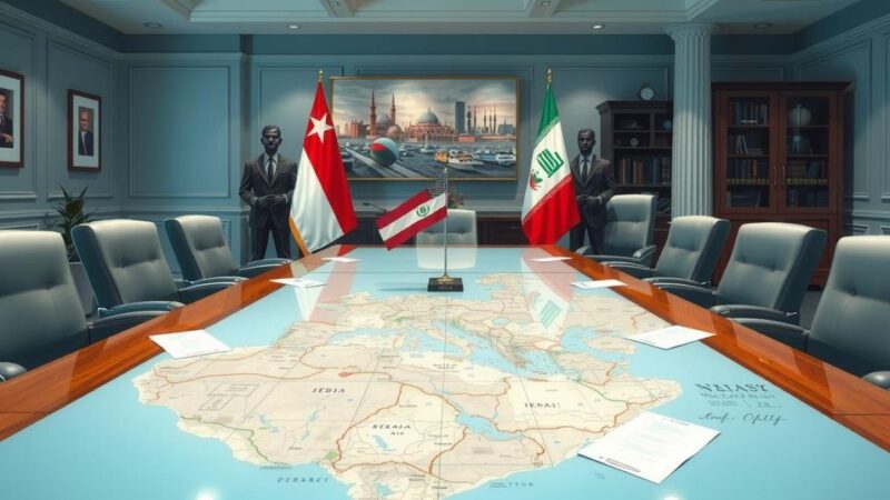 A diplomatic meeting setting featuring symbolic flags, a map, and notes representing Middle Eastern negotiations.