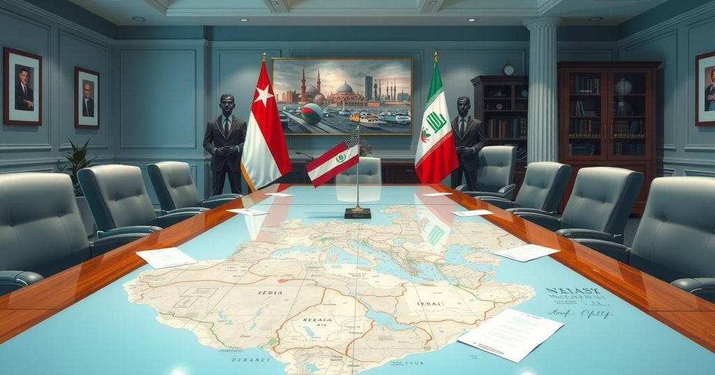 A diplomatic meeting setting featuring symbolic flags, a map, and notes representing Middle Eastern negotiations.