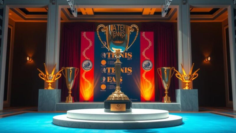 Tennis awards ceremony trophy illustrating achievement in the sport, with vibrant colors and dynamic composition.