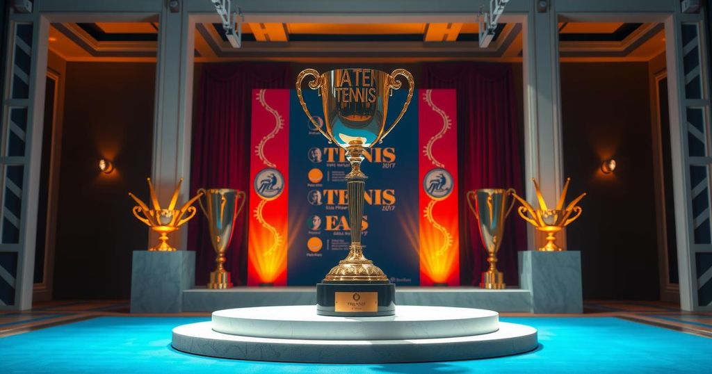Tennis awards ceremony trophy illustrating achievement in the sport, with vibrant colors and dynamic composition.