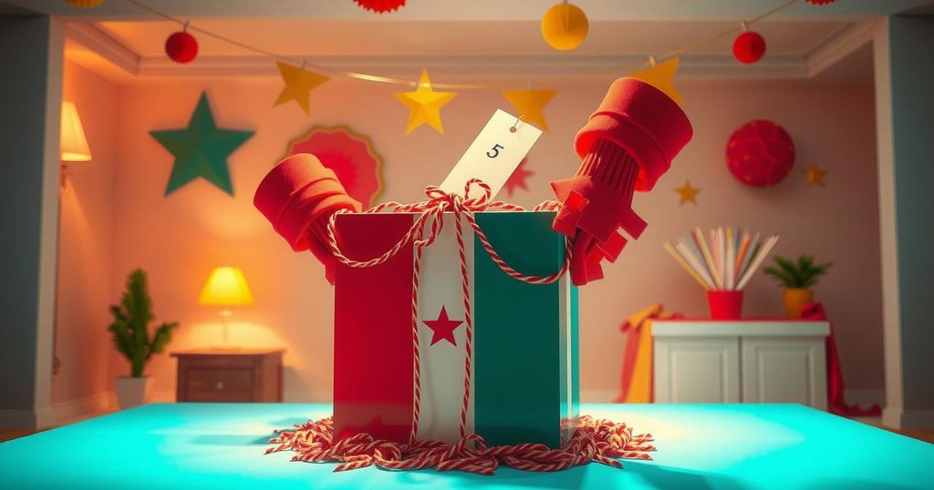 A symbolic representation of democratic transition in Guinea featuring a ballot box and a vibrant festive atmosphere.