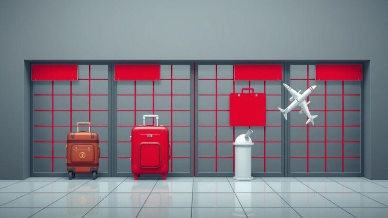 A symbolic representation of international barriers and restricted access, featuring closed gates and travel icons.