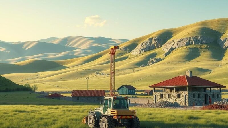 A serene landscape depicting construction and demining activities in a peaceful setting with soft colors.