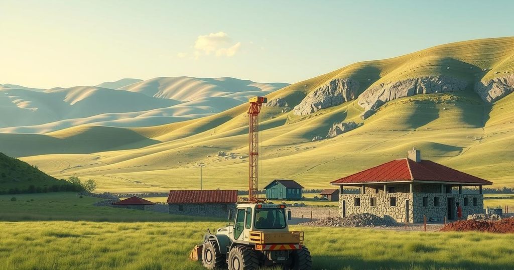 A serene landscape depicting construction and demining activities in a peaceful setting with soft colors.