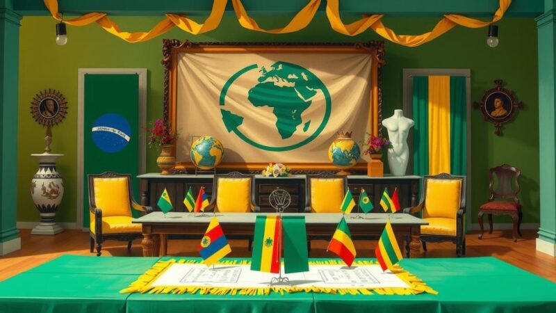 Ceremony depicting a signing of a peace deal surrounded by flags and symbols of hope, vibrant colors.