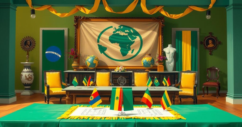 Ceremony depicting a signing of a peace deal surrounded by flags and symbols of hope, vibrant colors.