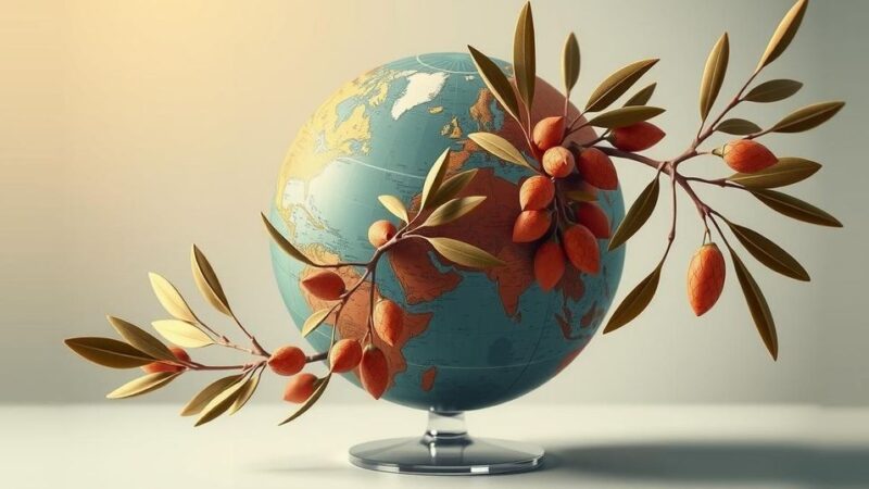 Symbolic representation of diplomacy and mutual respect with an olive branch and a globe, in warm earthy colors.