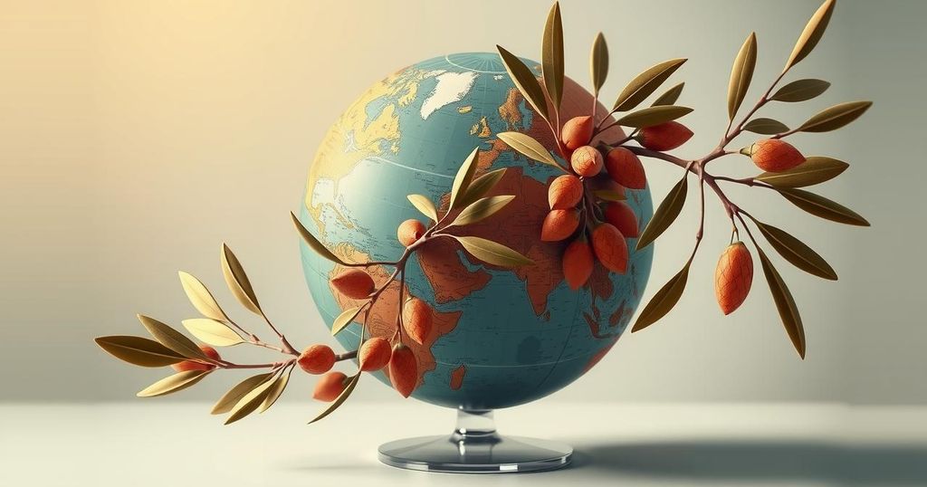Symbolic representation of diplomacy and mutual respect with an olive branch and a globe, in warm earthy colors.