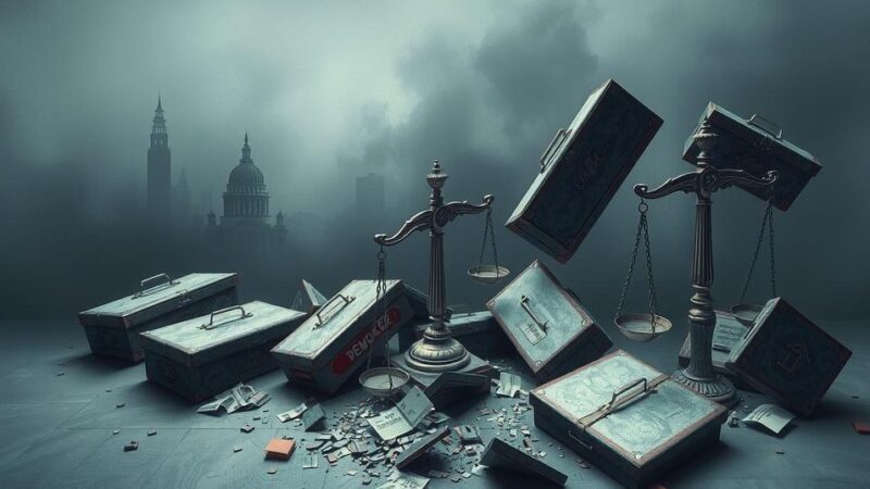 A shattered symbolic representation of democracy, featuring broken scales of justice and fragmented ballot boxes in muted colors.