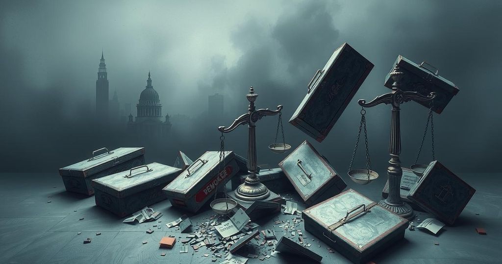 A shattered symbolic representation of democracy, featuring broken scales of justice and fragmented ballot boxes in muted colors.