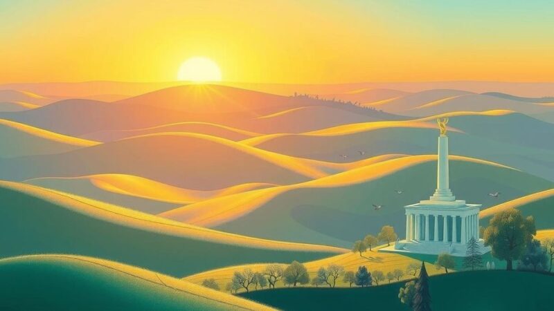 A serene landscape representing democracy, featuring a sunrise over rolling hills with symbolic monuments.