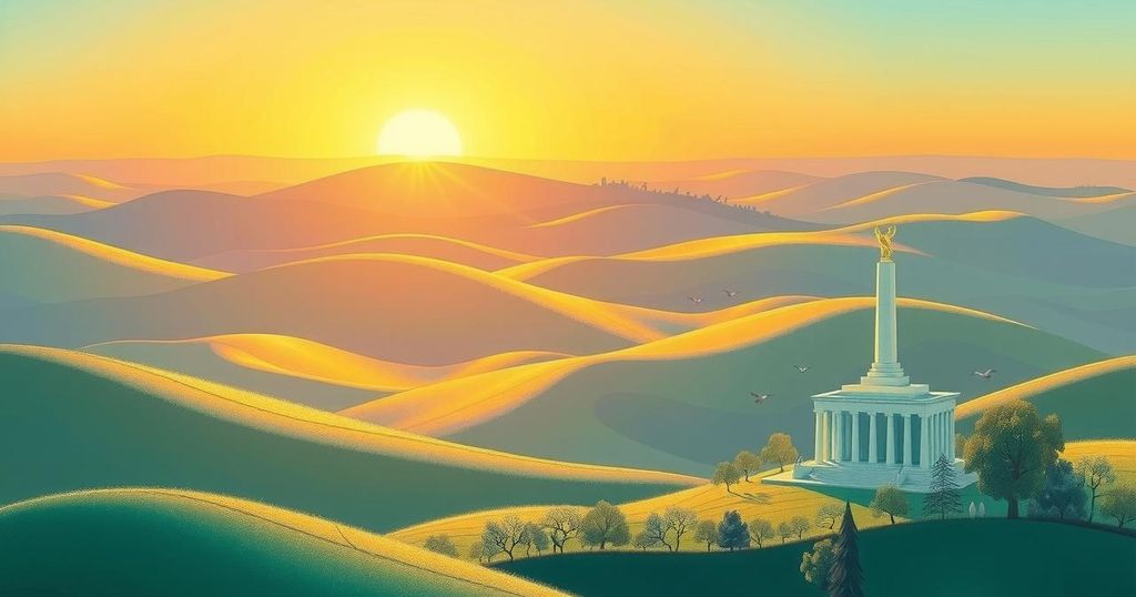 A serene landscape representing democracy, featuring a sunrise over rolling hills with symbolic monuments.