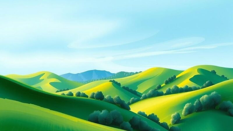 Peaceful landscape symbolizing collaboration between nations, featuring green hills and a serene sky.