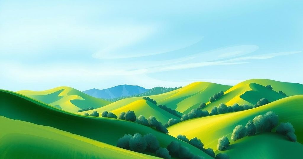 Peaceful landscape symbolizing collaboration between nations, featuring green hills and a serene sky.