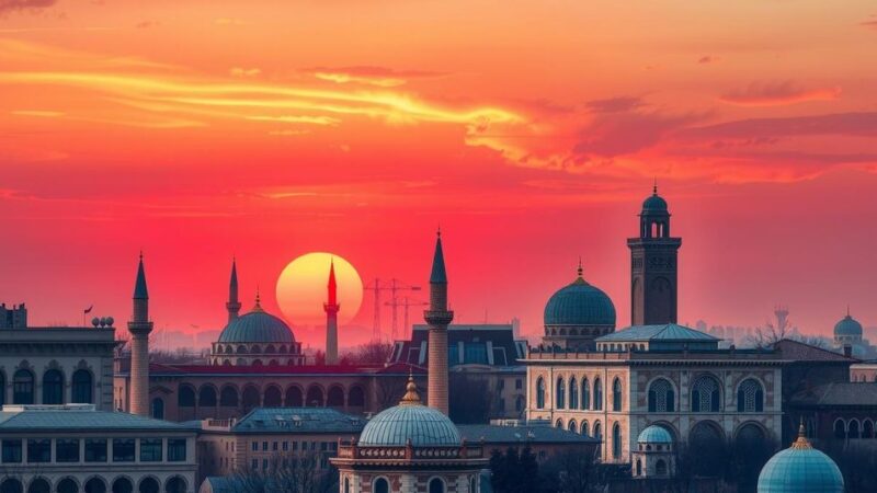 Dramatic skyline of Tehran at sunset with traditional architecture, symbolizing cultural resilience and diversity.