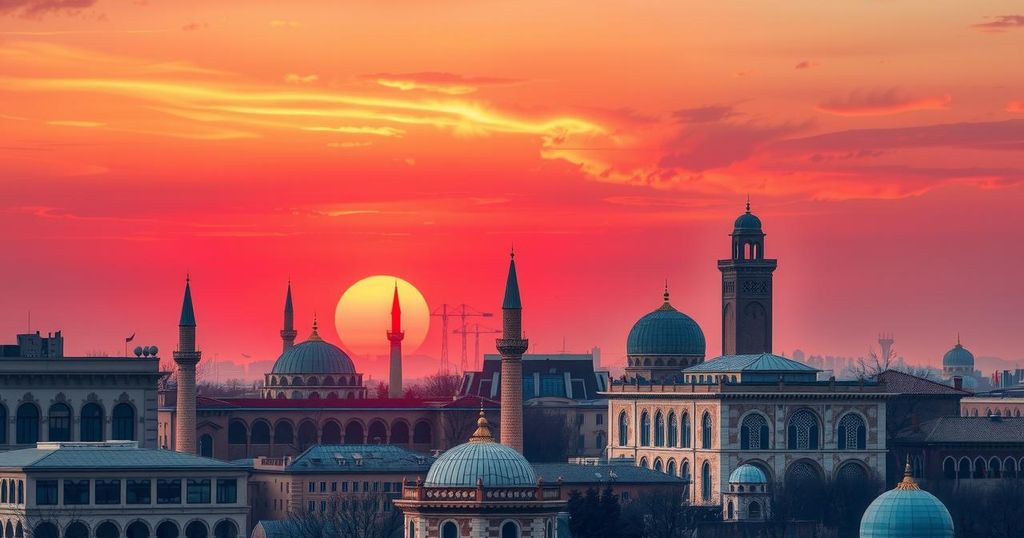 Dramatic skyline of Tehran at sunset with traditional architecture, symbolizing cultural resilience and diversity.