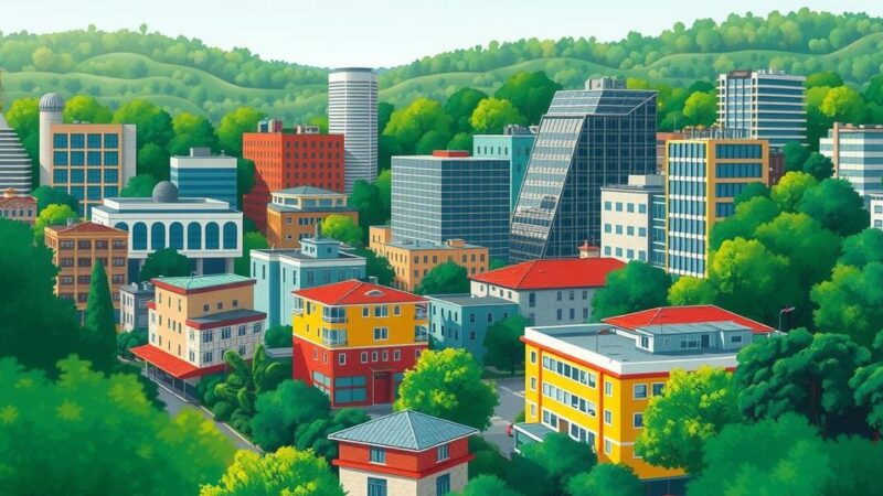Illustration showing a vibrant cityscape of Harare, highlighting investment opportunities with greenery and modern buildings.