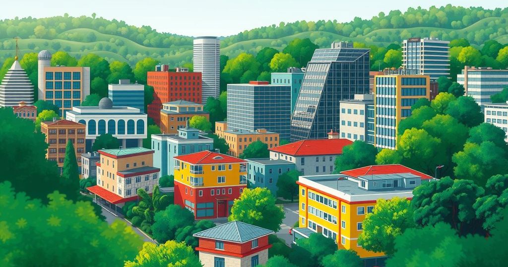 Illustration showing a vibrant cityscape of Harare, highlighting investment opportunities with greenery and modern buildings.