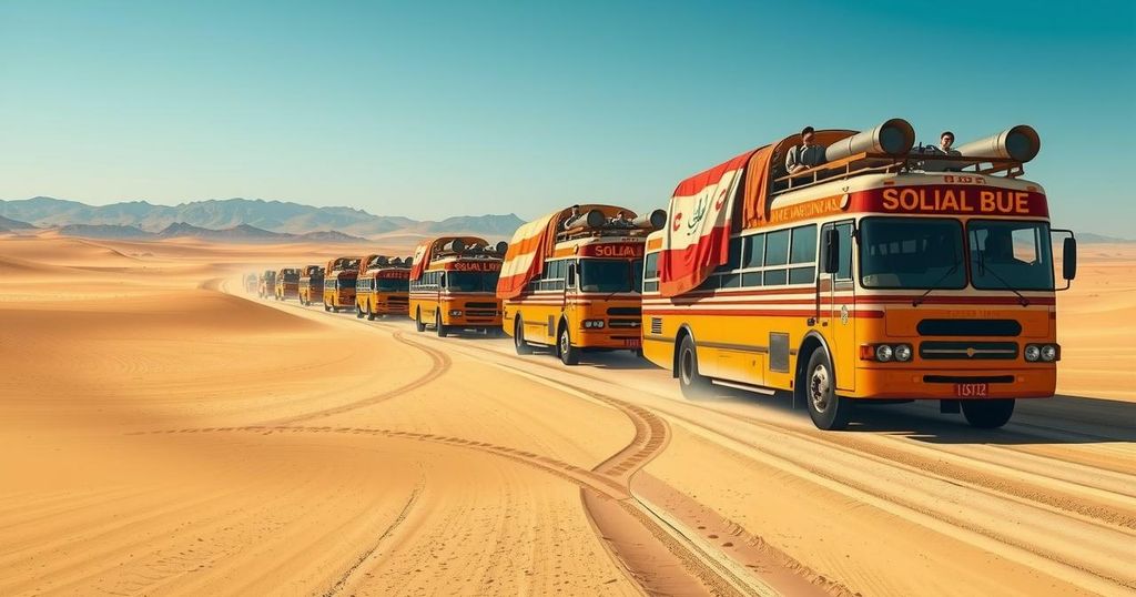 A convoy of buses traveling through a desert landscape aimed at humanitarian efforts and activism.