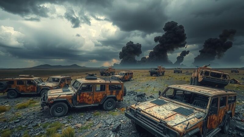 A dramatic view of a scorched military landscape highlighting destroyed vehicles and a smoky battlefield under dark clouds.