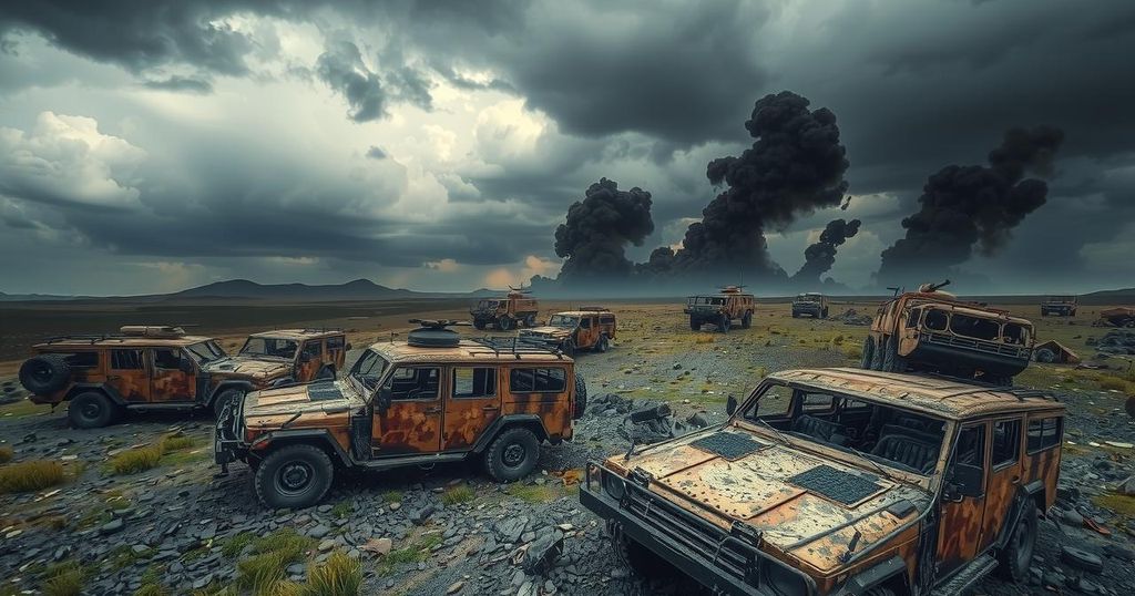 A dramatic view of a scorched military landscape highlighting destroyed vehicles and a smoky battlefield under dark clouds.