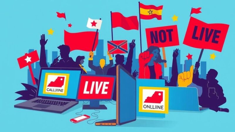 Digital activism scene with vibrant colors, protest symbols, and technology elements, emphasizing online freedom and advocacy.