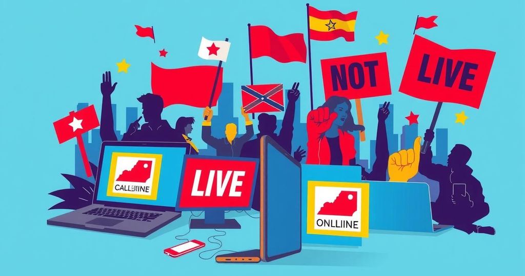 Digital activism scene with vibrant colors, protest symbols, and technology elements, emphasizing online freedom and advocacy.