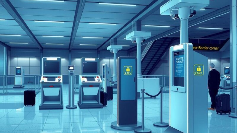 Modern European border post with biometric scanning technology and travelers' personal items for smooth entry.