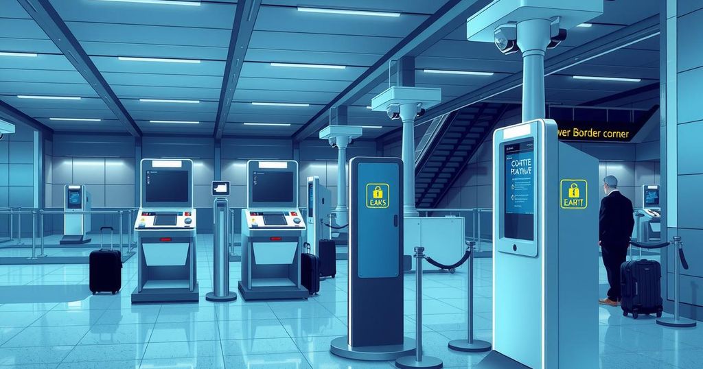 Modern European border post with biometric scanning technology and travelers' personal items for smooth entry.