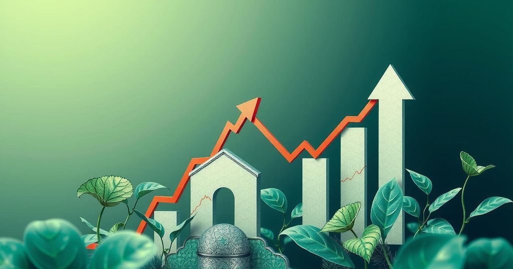 A symbolic representation of economic growth and stability in Pakistan, with rising charts and nature elements.