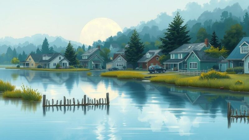 A serene landscape of a flooded town with submerged houses surrounded by greenery, showcasing nature's resilience.