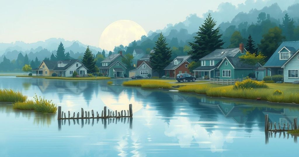 A serene landscape of a flooded town with submerged houses surrounded by greenery, showcasing nature's resilience.