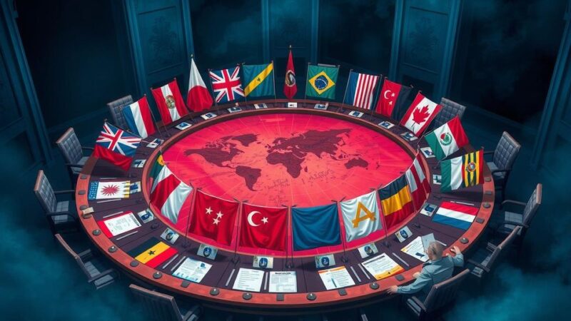 Global leaders unite against terrorism, showcasing cooperation and solidarity through national flags and diplomatic discussions.