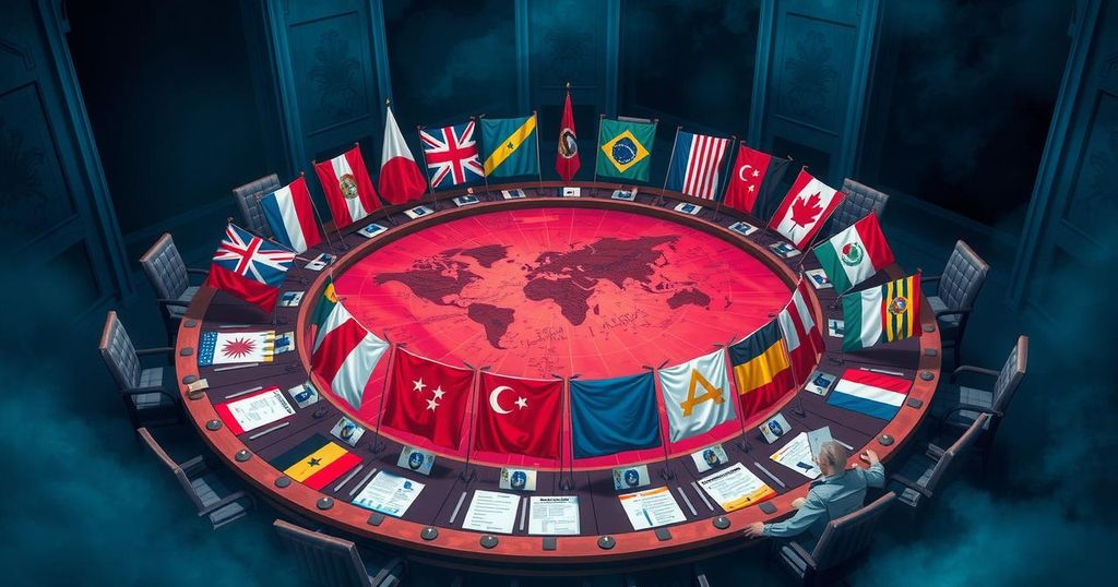 Global leaders unite against terrorism, showcasing cooperation and solidarity through national flags and diplomatic discussions.