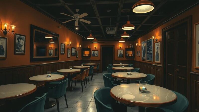 A quiet bar scene in Santiago featuring empty tables and subdued lighting, reflecting economic impact from crime.