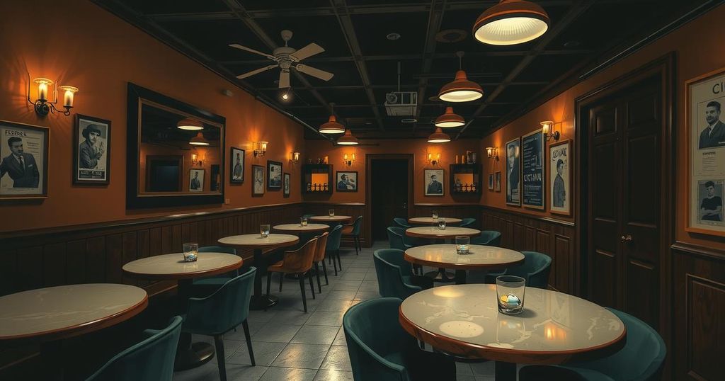 A quiet bar scene in Santiago featuring empty tables and subdued lighting, reflecting economic impact from crime.