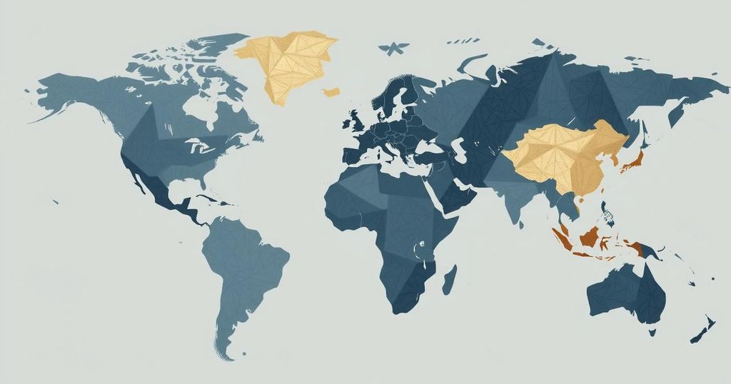 Symbolic representation of geopolitical tensions with abstract shapes and muted colors illustrating challenges in diplomacy.