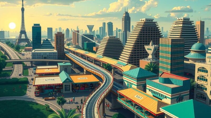 A vibrant cityscape illustrating Nigeria's economic transformation with blooming markets and evolving industries.
